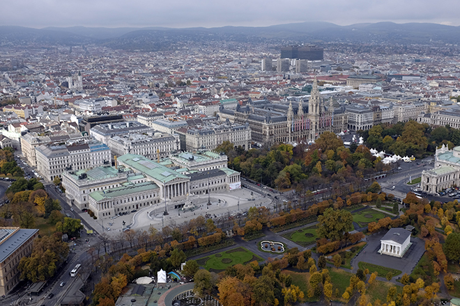 The Parliament and the City Hall of Vienna are pictured from the highest bungee jump crane in the world.
