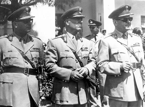 Οι πρωτεργάτες της στρατιωτικής δικτατορίας της 21ης Απριλίου του 1967, Νικόλαος Μακαρέζος, Στυλιανός Παττακός και Γεώργιος Παπαδόπουλος