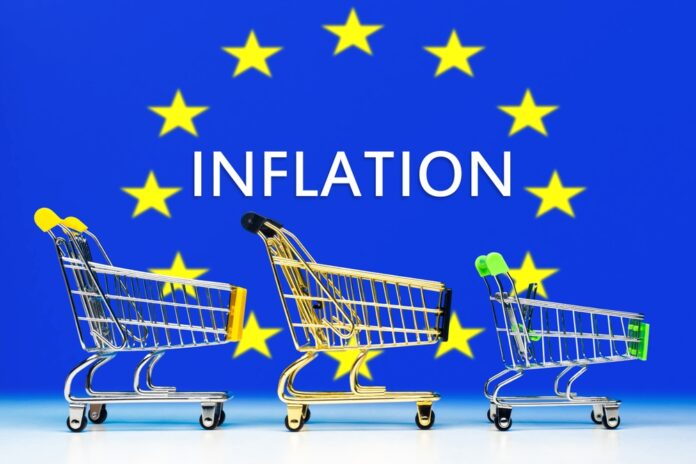 Inflation,In,European,Union.,Supermarket,Carts,Symbolize,Food,Inflation.,Flag