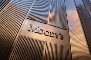 Signage is seen outside the Moody's Corporation headquarters in Manhattan, New York